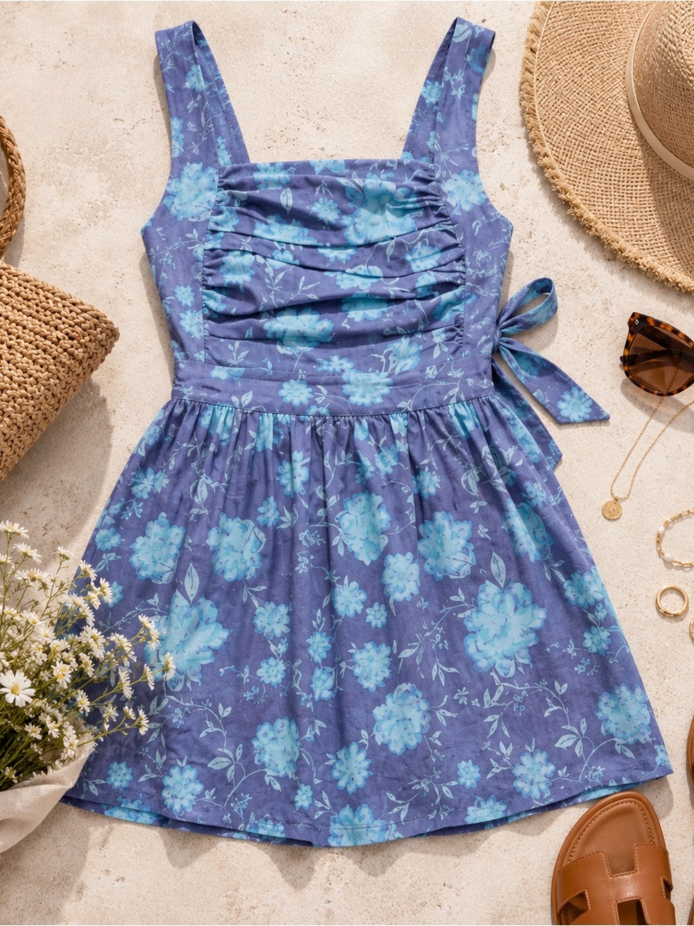NWOT Free People Meet Me In Maui Blue Floral Open Back Mini Dress XS
